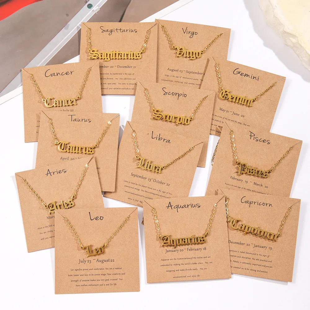 Zodiac Constellation Necklace Stainless Steel 18K Gold Plated Old English Letter Pendant Fashion Jewelry For Women