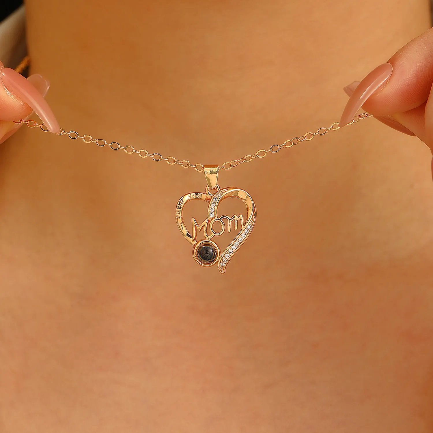 Heart Shape MOM Projection Necklace With I Love You Copper Gold Silver Plated Rhinestone Pendant Jewelry Gift For Mother