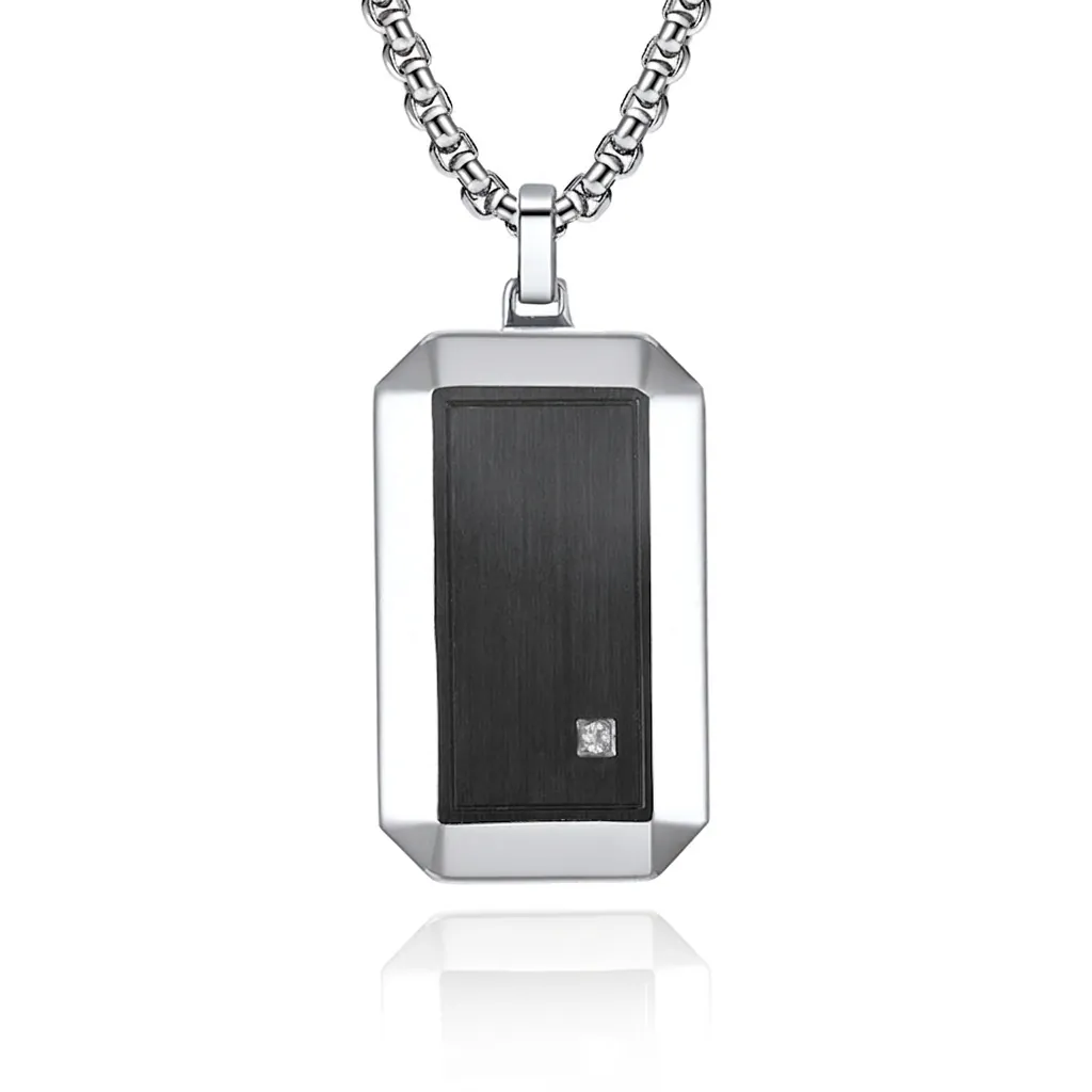 Collier Pendentif Plaque Rectangulaire En Acier Inoxydable Pour Homme Avec Panneau Brossé Noir Et Zirconium Incrusté Bijoux Hip Hop