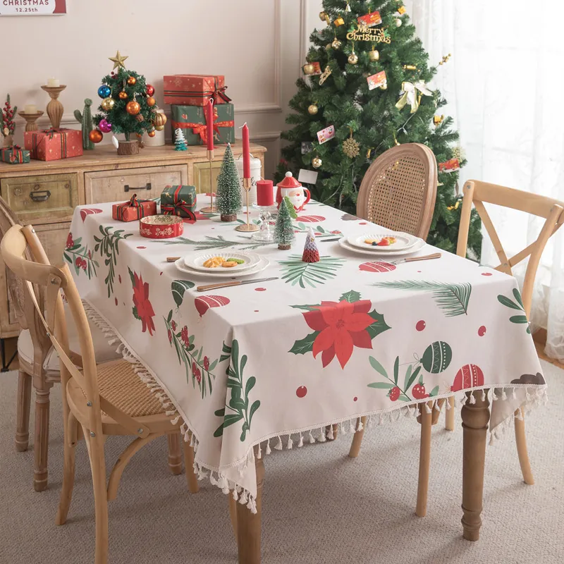 Christmas Tablecloth Polyester Cotton Blend Printed Rectangle With Tassels Festive Holiday Dining Decor Nordic Style