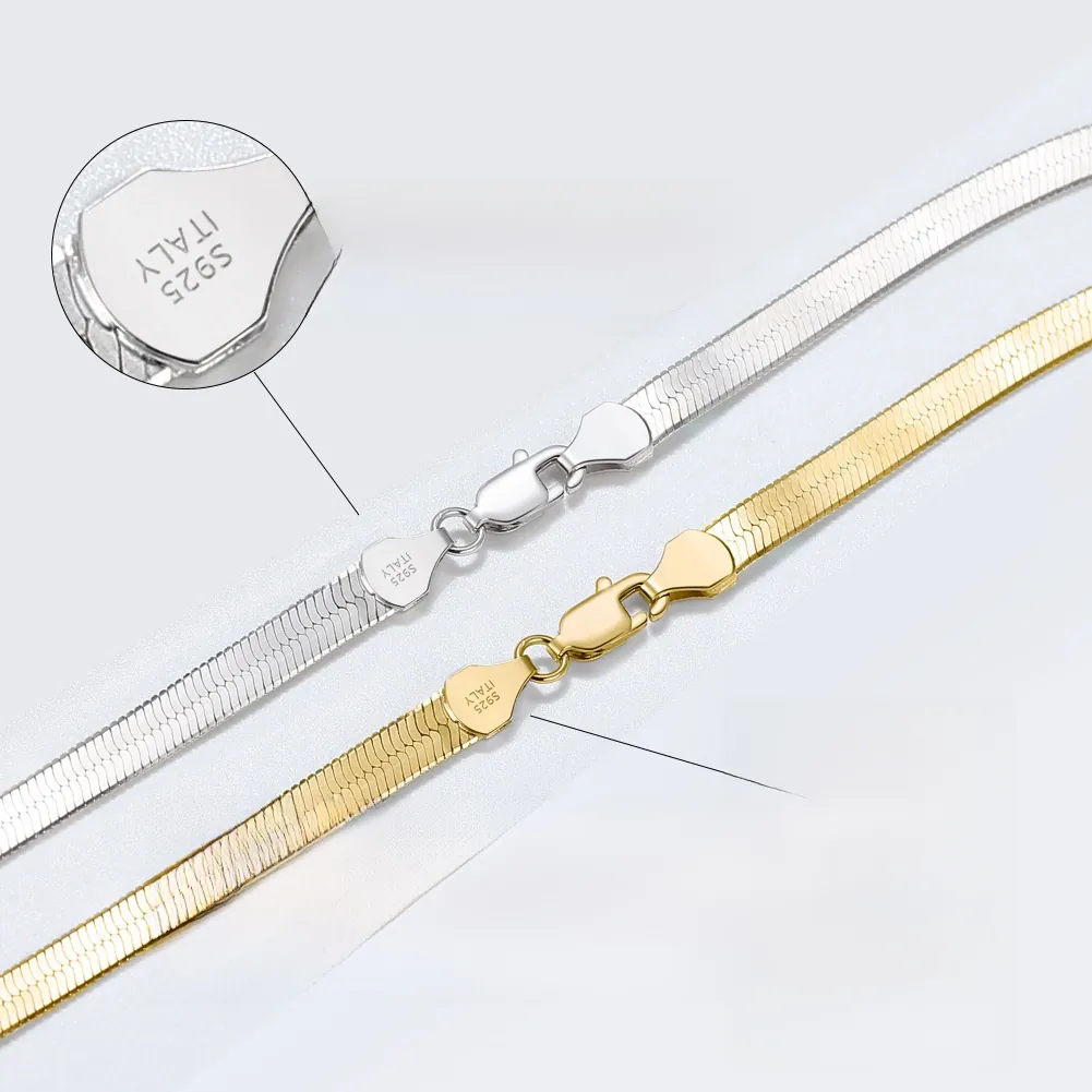 925 Sterling Silver Flat Snake Herringbone Chain Necklace Gold White Gold Plated Italian Craft Jewelry for Women Men