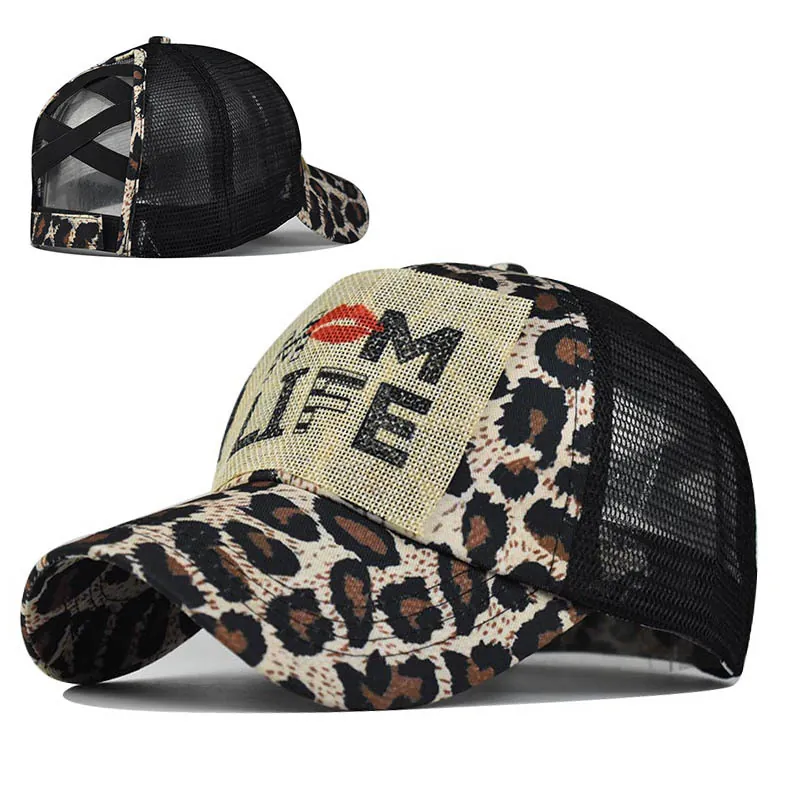 Leopard Print Ponytail Baseball Cap Criss Cross Mesh Back Trucker Hat Mom Life Sun Protection For Women