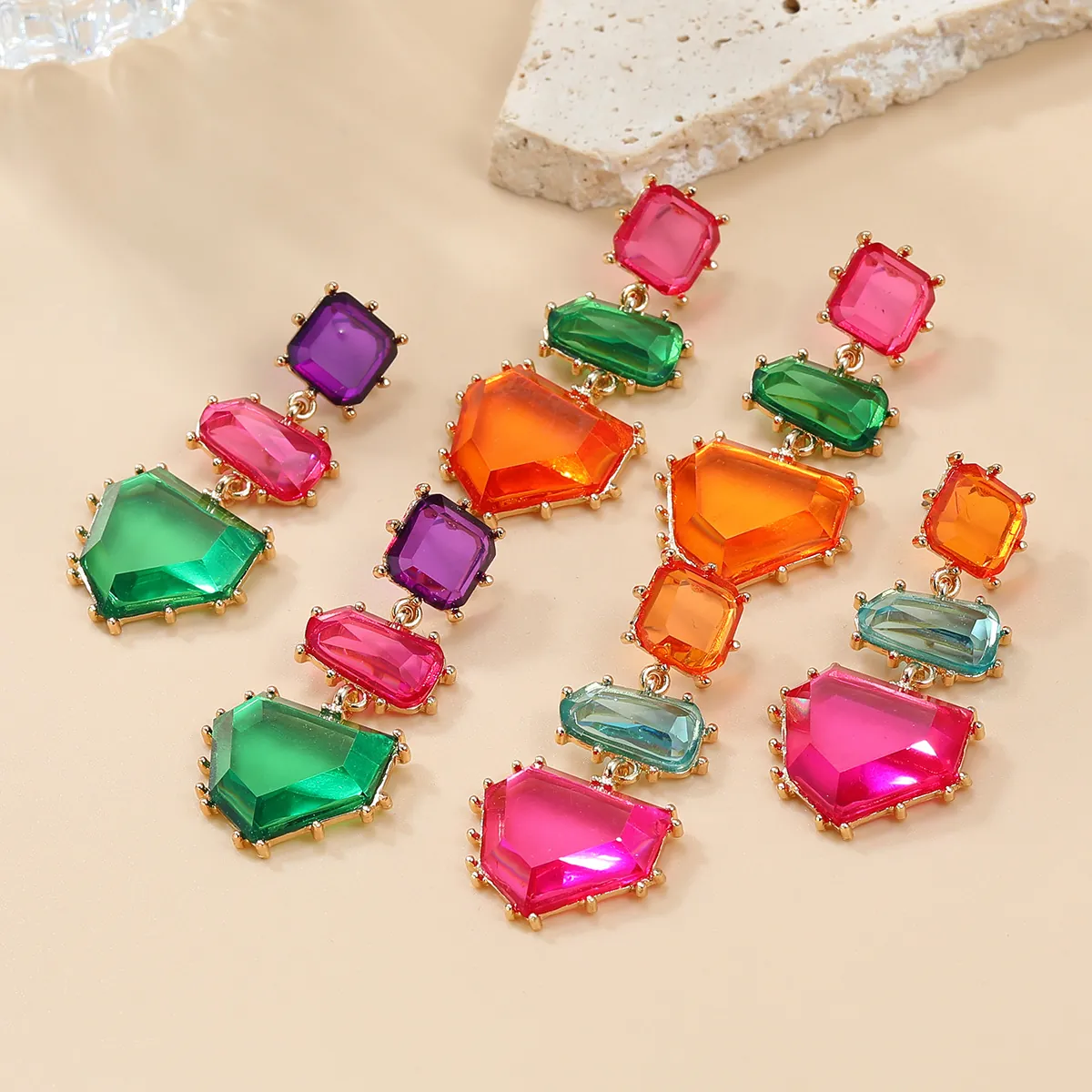 Bohemian Alloy Resin Geometric Drop Earrings For Women Exaggerated Vintage Colorful Gemstone Patchwork Statement Earrings