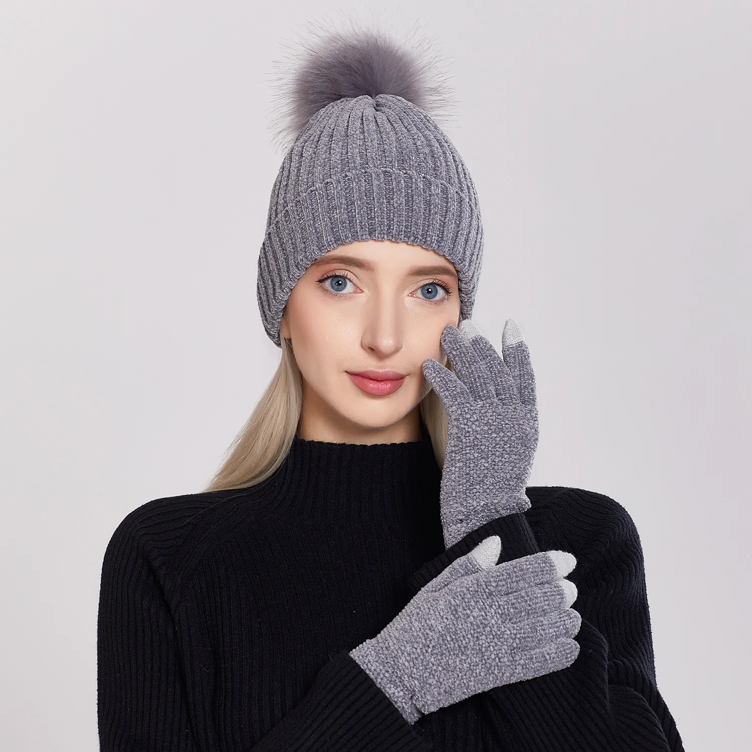 Damen Chenille Strickmütze Und Touchscreen Handschuhe Dick Warm Mit Kunstpelz Bommel Winterzubehör