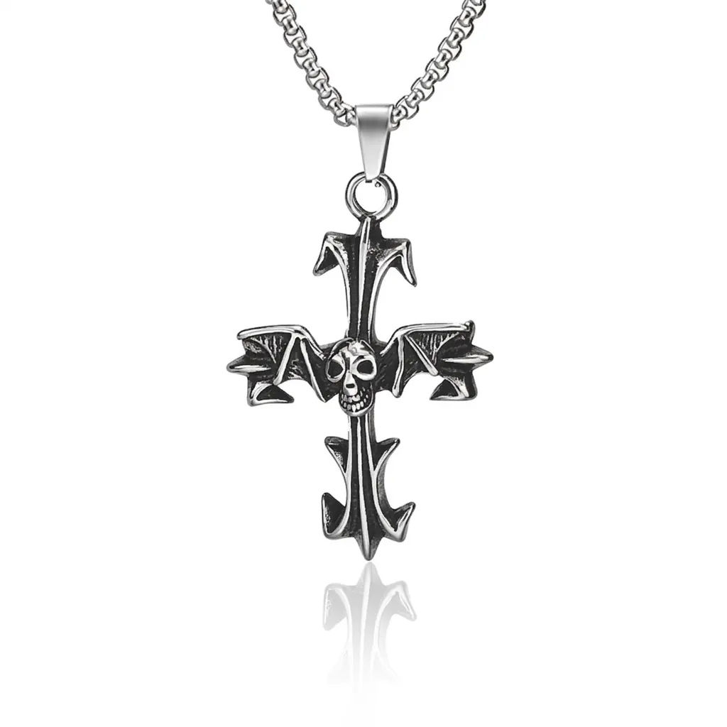 Gothic Skull Bat Wing Cross Pendant Necklace 304 Stainless Steel Punk Hip Hop Jewelry Halloween Retro Accessory