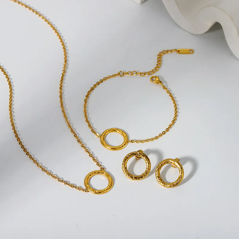 Hammered Round Pendant Necklace Bracelet And Stud Earrings 18K Gold Plated Stainless Steel Vintage Jewelry For Women