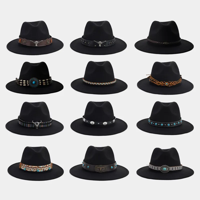 Sombrero Fedora Vintage Negro de Ala Ancha Western Cowboy Jazz con Banda Decorativa Étnica Cabeza de Toro Turquesa para Mujer