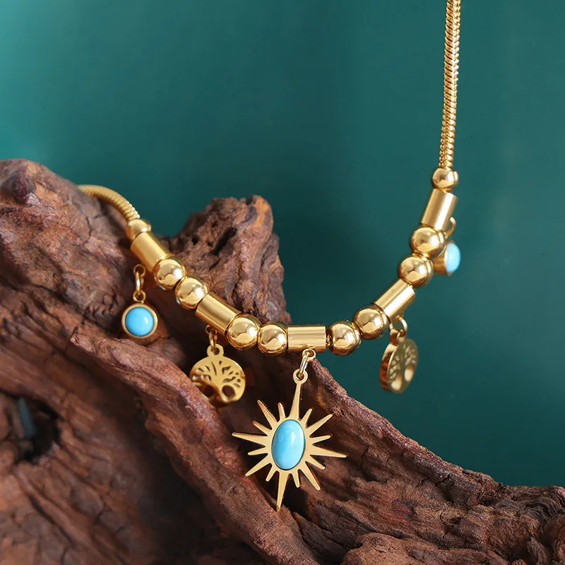 Collana E Bracciale Gioielli Boho Acciaio Al Titanio Colore Oro Con Perline Di Turchese Albero Della Vita Sole Charms Vintage Per Donne