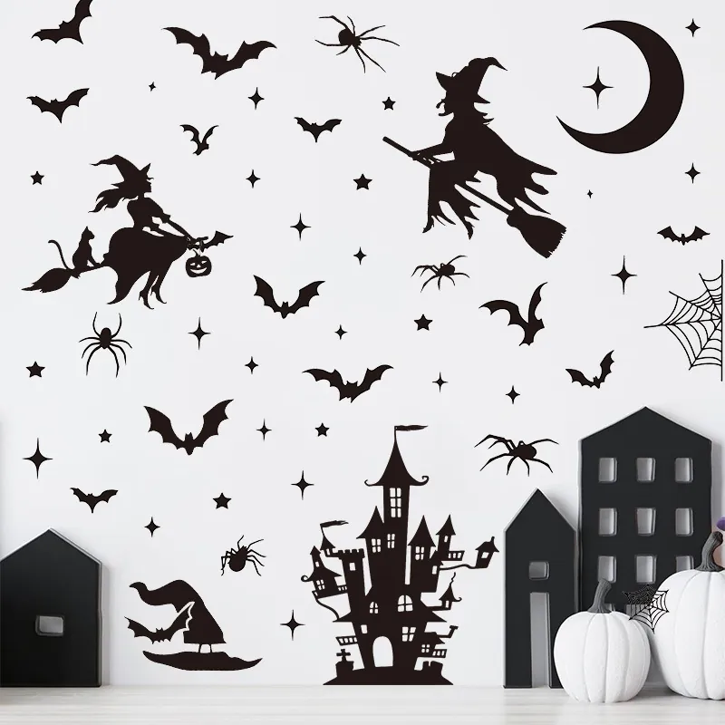 Halloween Adesivi Murali Strega Pipistrelli Castello Silhouette Nera PVC Decalcomanie Finestra Decorazioni Casa