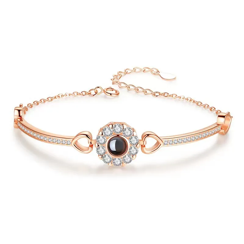 Heart Sunflower Projection Bracelet Multiple Languages Copper Rhinestone Rose Gold Plated Romantic Jewelry For Women Gift