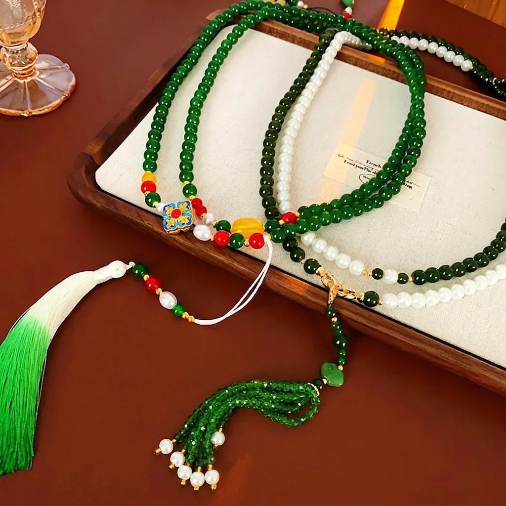Collier Long En Künstliche Perles Avec Künstliche Perles D'Imitation Verre Cristal Email Cloisonne Gland Style Chinois Vintage Femmes