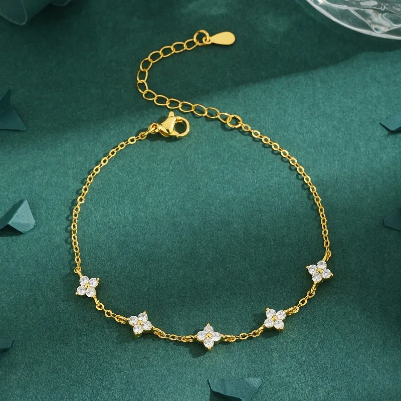 Flower Charm Bracelet Gold Plated Copper Micro Inlaid Zircon Dainty Adjustable Chain Jewelry For Women Girls Simple