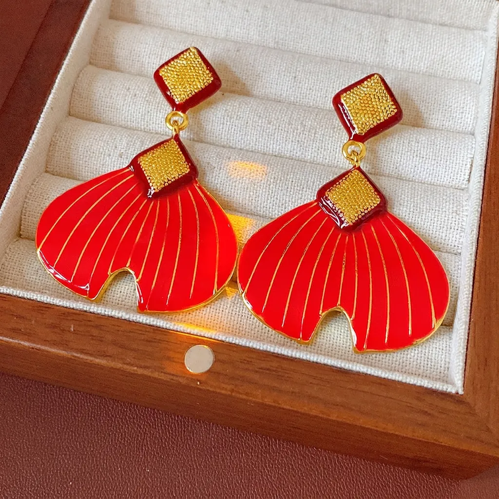 Fächer Ohrringe Rot Emaille Legierung Vintage Chinesischen Stil Raute Tropfen Mit Silbernem Ohrstecker Für Damen