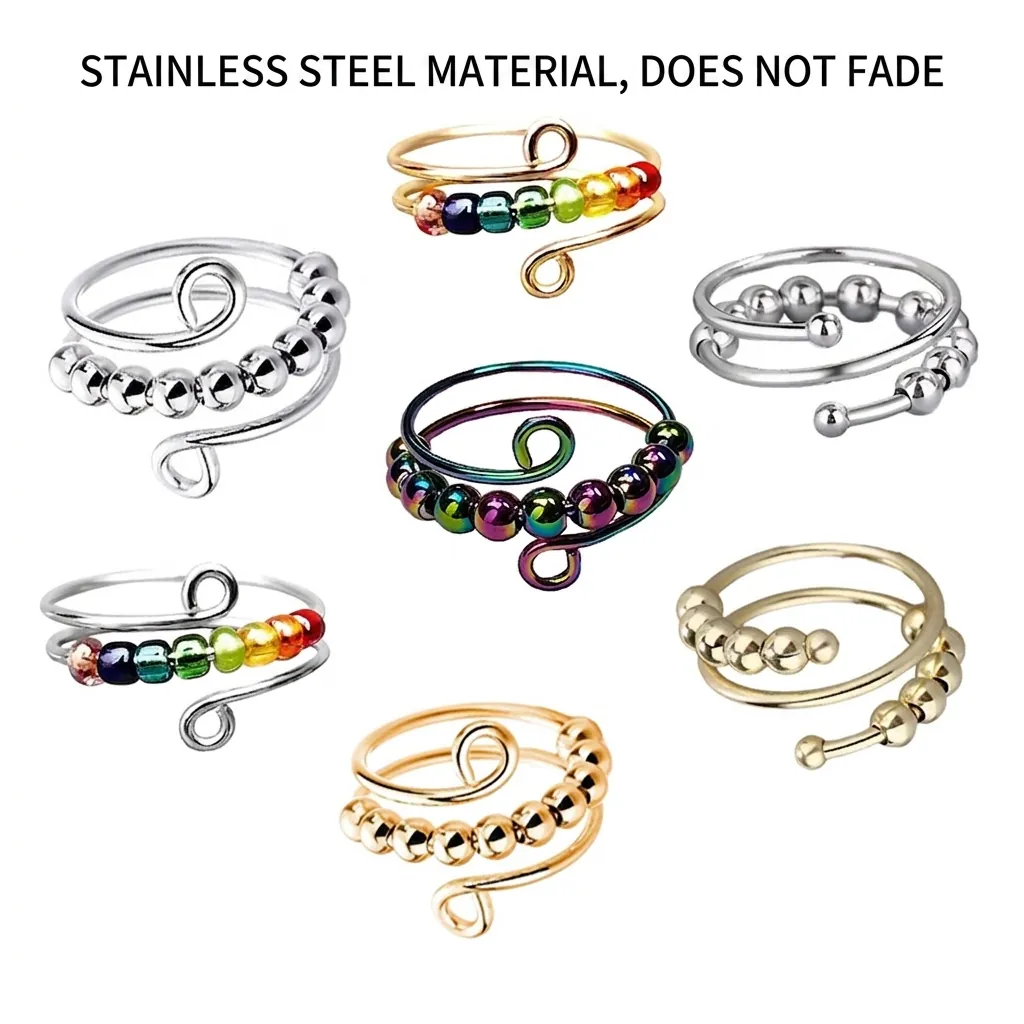 Anxiety Ring Stainless Steel Spinner Beads Fidget Adjustable Open Band Rotatable Stress Relief Jewelry Women Men