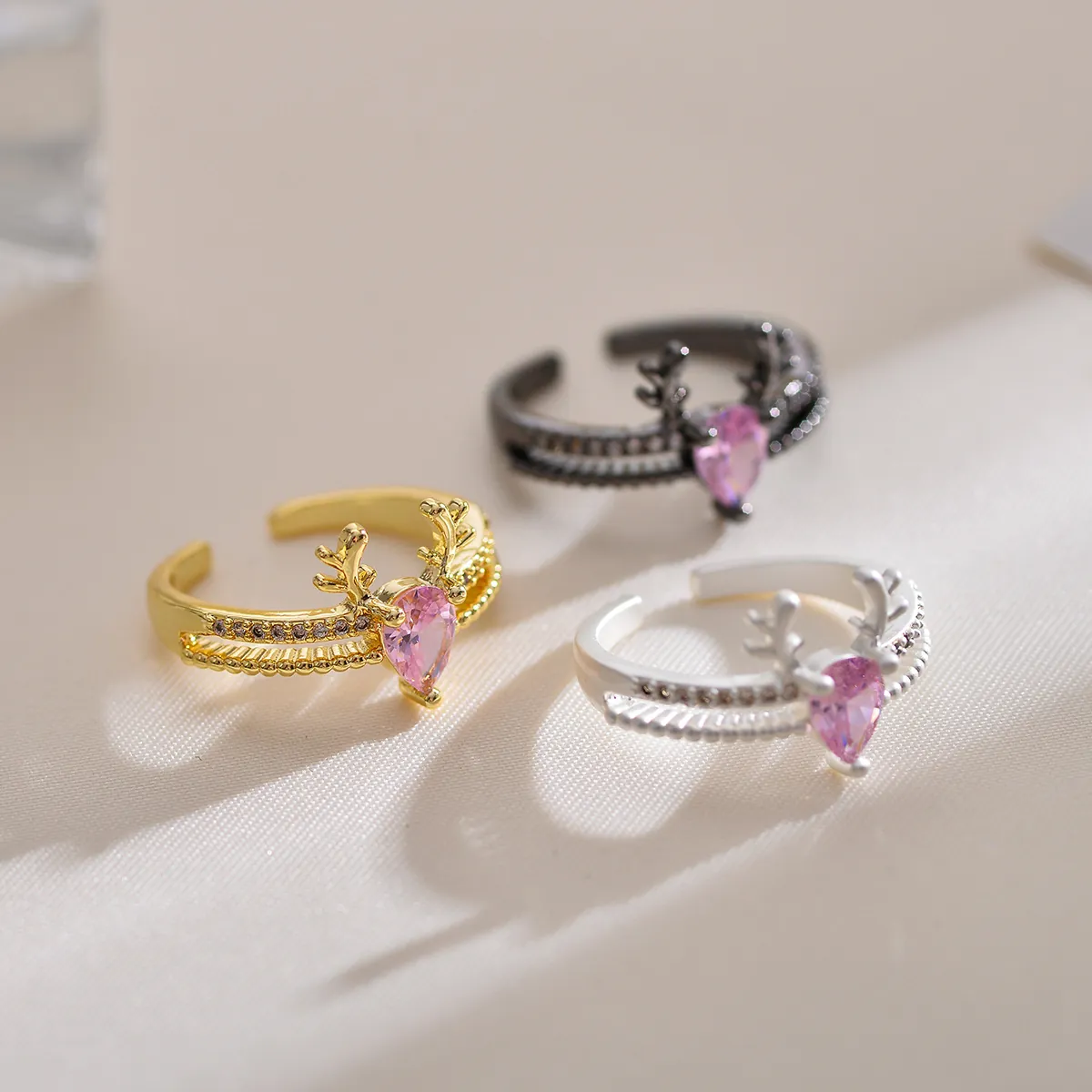 Antler Heart Ring Copper Pink Zircon Adjustable Open Finger Jewelry For Women Fashion Gift