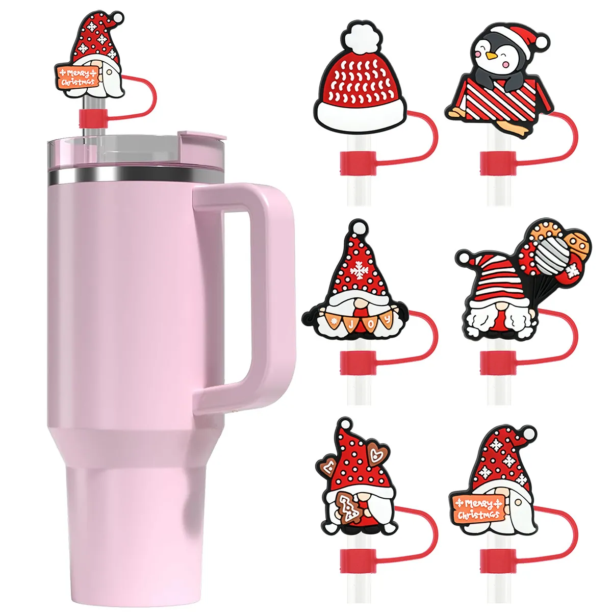 Christmas Silicone Straw Cover Dustproof Reusable Straw Topper For Drinkware Accessories Gnome Penguin Santa Hat Design