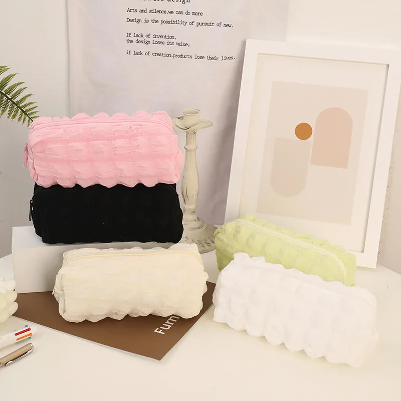 Popcorn Texture Pencil Case Large Capacity Bubble Fabric Stationery Bag Zipper Makeup Pouch Soft Durable Ins Style Universal