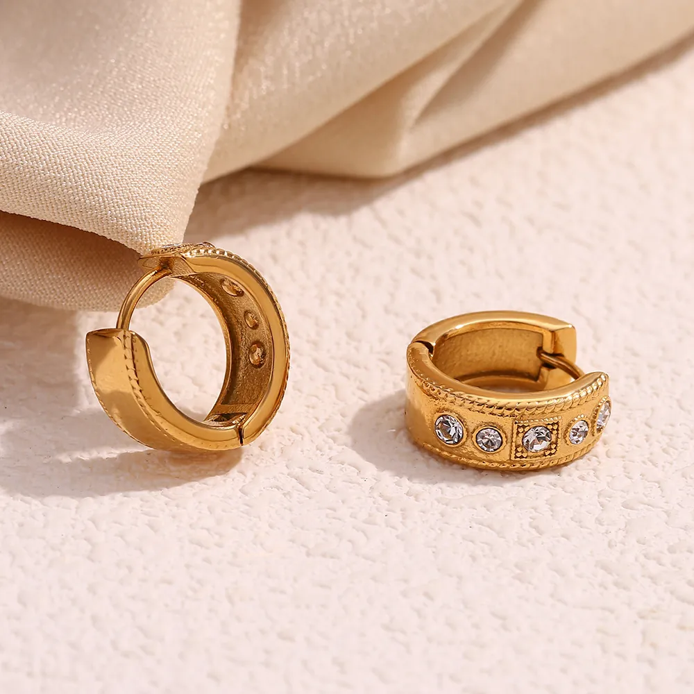 Vintage Hoop Earrings Stainless Steel 18K Gold Plated Twist Edge Rhinestone Zircon Geometric Ear Buckle For Women