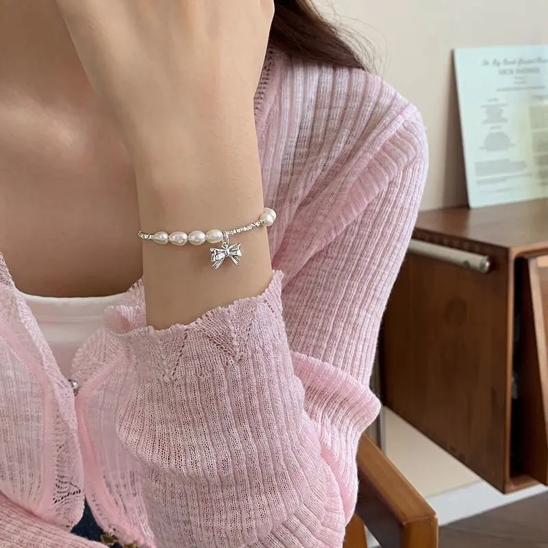 Alloy Imitation Artificial Pearl Bracelet With Butterfly Pendant Chic Dainty Bowknot Charm Adjustable Link Chain For Women Girls