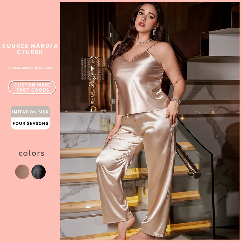 Women Plus Size Imitation Satin Satin Pajama Cami Top And Long Pants V Neck Backless Sleeveless Loungewear Sleepwear