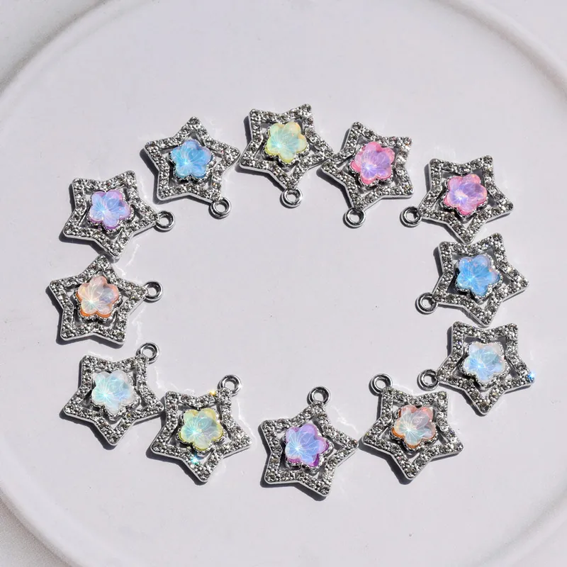 Star Flower Pendants Alloy Rhinestone Pentagram Macaron Color DIY Jewelry Making Accessories Charms