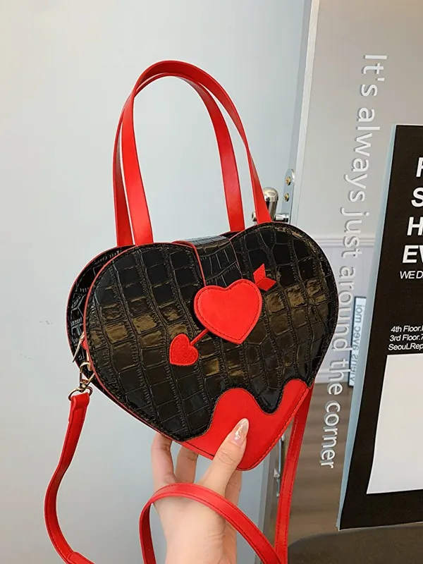 Women Heart Shaped Crossbody Bag Crocodile Pattern PU Leather Handbag Heart Arrow Decor Chic Fashion Party Accessory