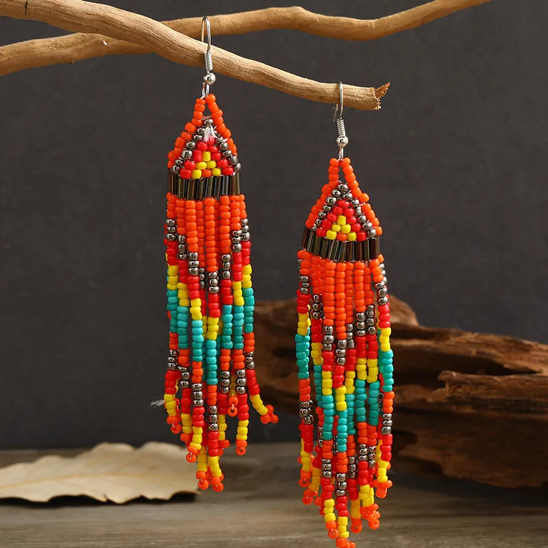 Bohemian Long Tassel Earrings Handmade Seed Beads Geometric Ethnic Style With Stainless Steel Earring Post For Women