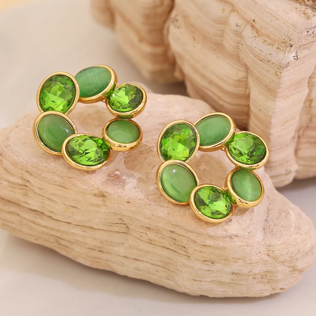 Vintage Cat Eye Stone Stud Earrings Geometric Round Floral Wreath With Stainless Steel Earring Post For Women