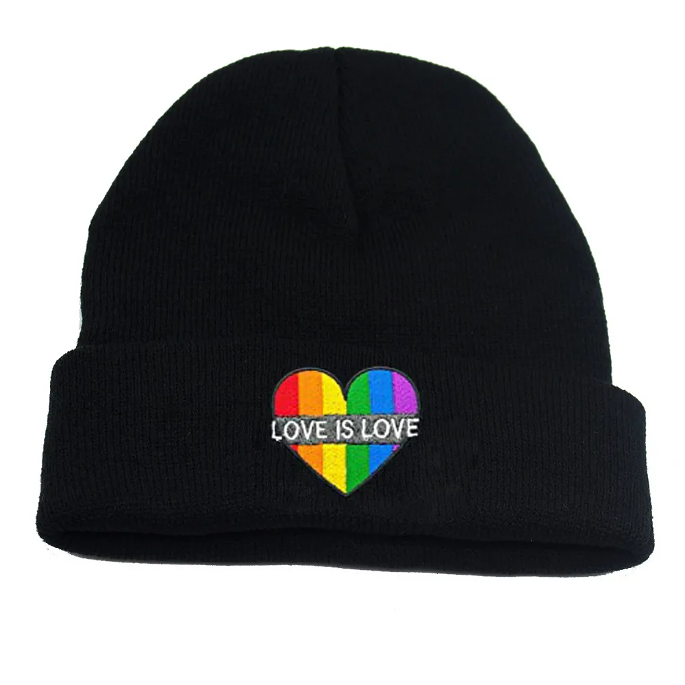 Unisex Acrylic Knitted Beanie Warm Winter Hat With Rainbow Heart Love Is Love Embroidery Black Cold Cap For Pride Month