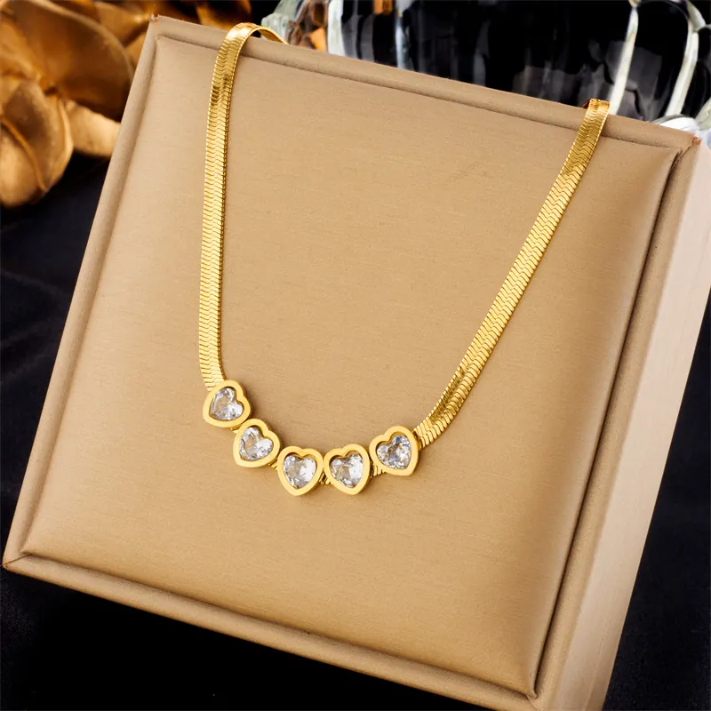 Elegant Gold Plated Stainless Steel Necklace Five Heart Pendants Inlaid Zircon Flat Snake Chain Jewelry For Women