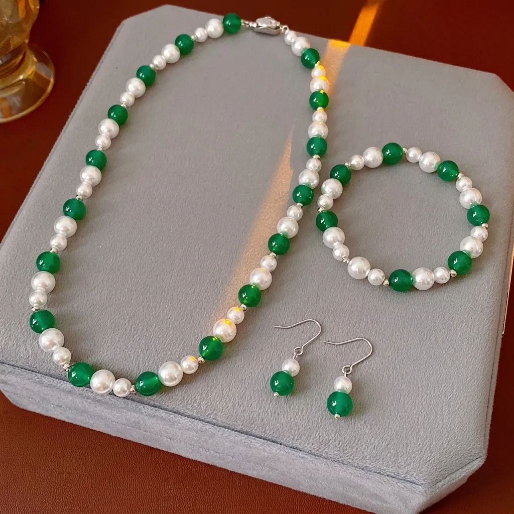Gioielli Vintage Con Künstliche Perle Bianche E Agata Verde Collana Bracciale E Orecchini Da Donna Stile Retrò Elegante