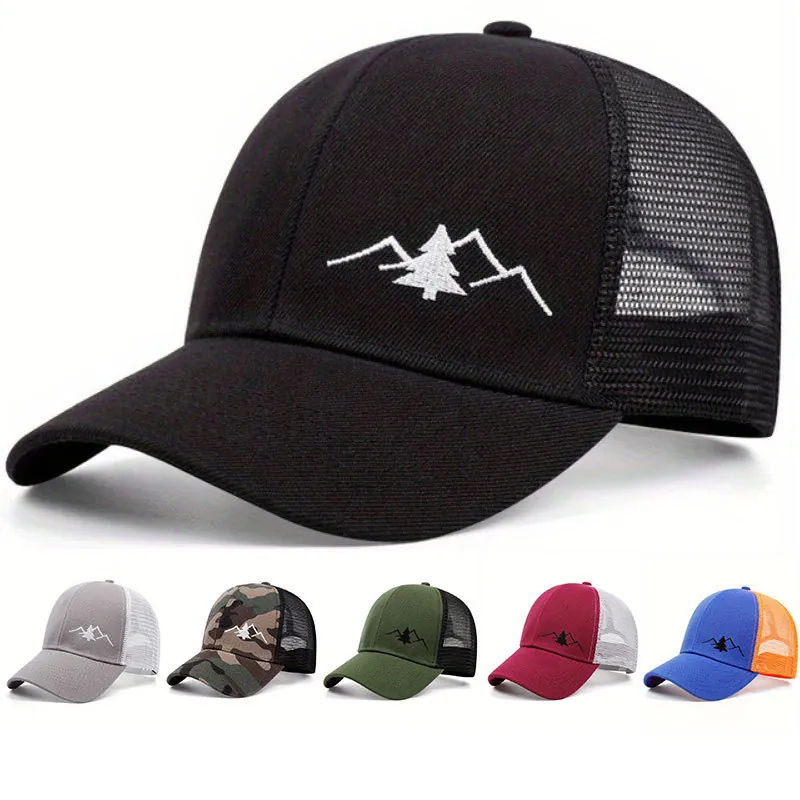 Breathable Mesh Baseball Cap Cotton Trucker Hat Mountain Pine Embroidery Outdoor Sun Protection Adjustable Unisex