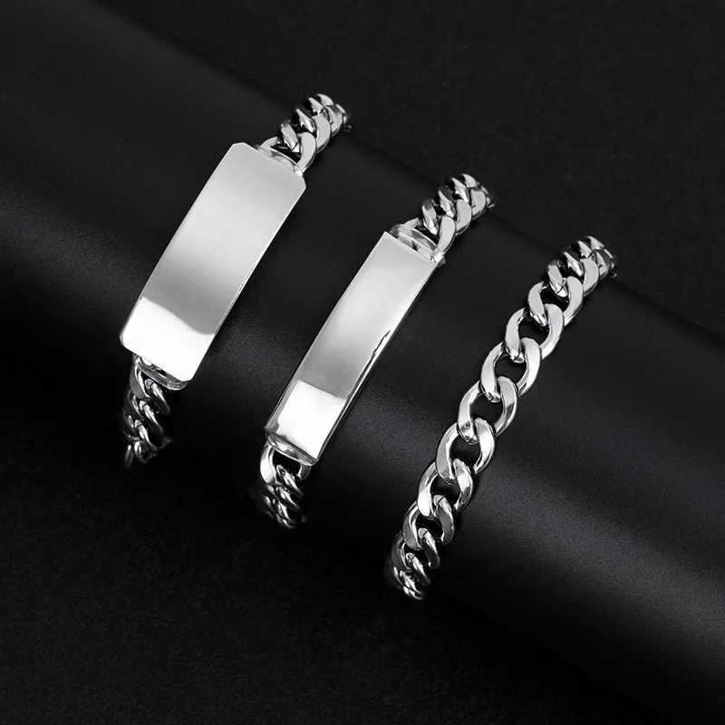 Titanium Steel Cuban Link Bracelet With Rectangular ID Plate Polished Hip Hop Style For Men