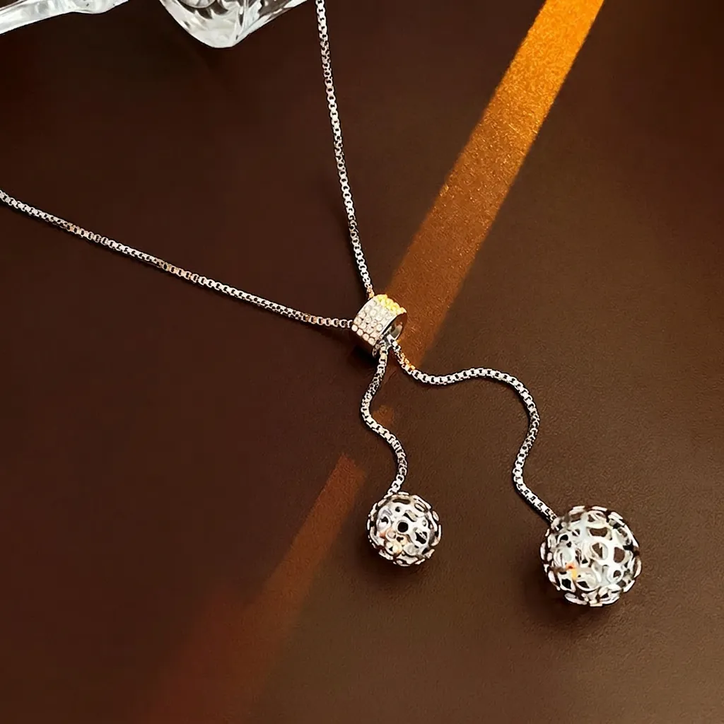 Collier Lariat En Y Avec Pendentif Boule Creuse Acier Inoxydable Strass Chaîne Longue Réglable Pour Femme