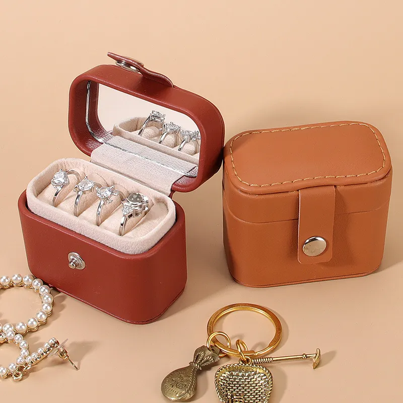 Mini Jewelry Box Portable PU Leather Travel Case With Mirror Ring Earring Organizer Snap Closure Solid Color