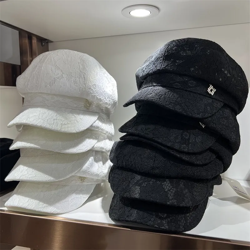 Vintage Lace Newsboy Cap Breathable Hollow Octagonal Hat With Rhinestone Buckle Sun Protection For Women