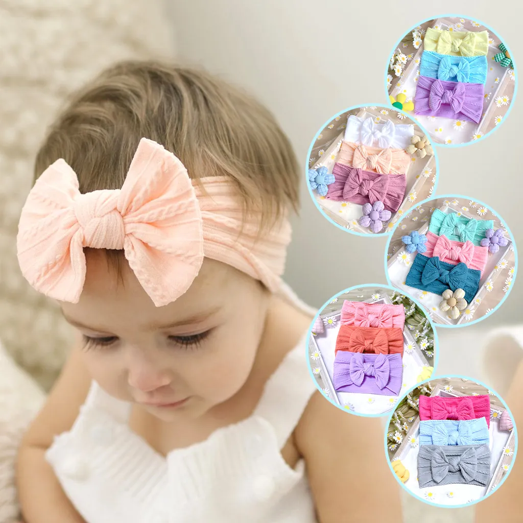 Soft Nylon Cable Knit Baby Headbands For Infants Toddlers Large Bow Wide Elastic Hair Bands Multicolor Bow Turban Headwraps Hair Accessories