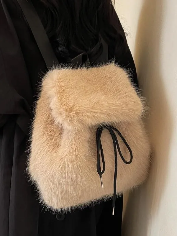 Plush Backpack Faux Fur Large Capacity Drawstring Flap Closure Sweet Autumn Winter Casual Fashion Travel Bag For Women