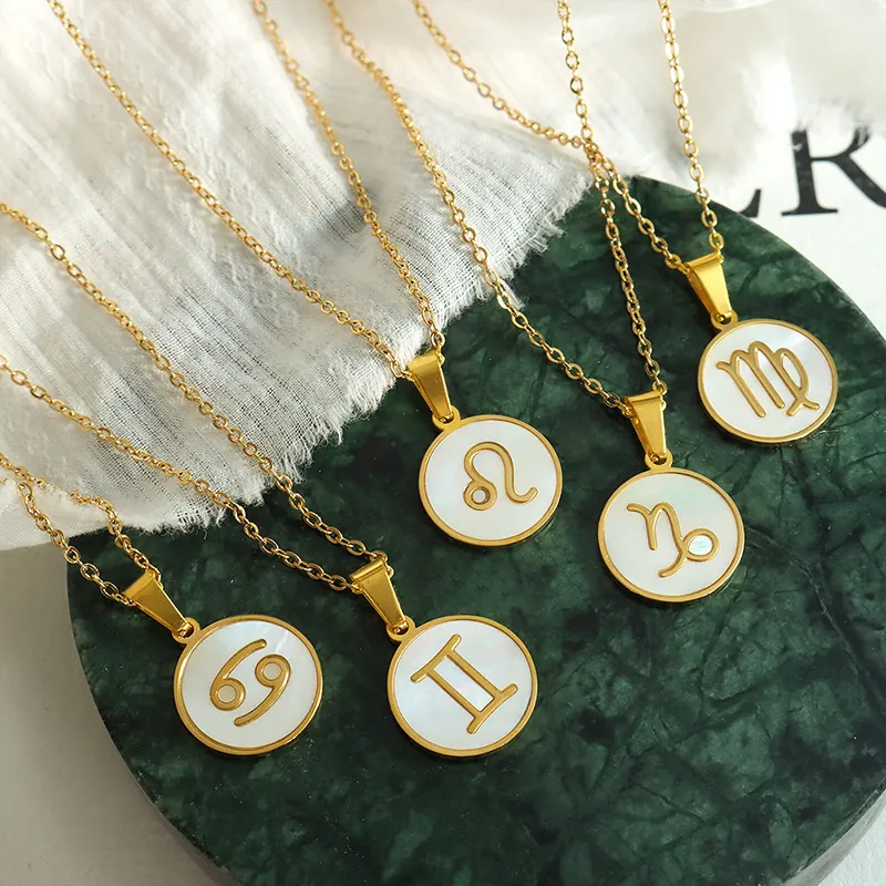 Zodiac Necklace 18K Gold Plated Stainless Steel White Mother Of Artificial Pearl Pendant Constellation Jewelry For Women