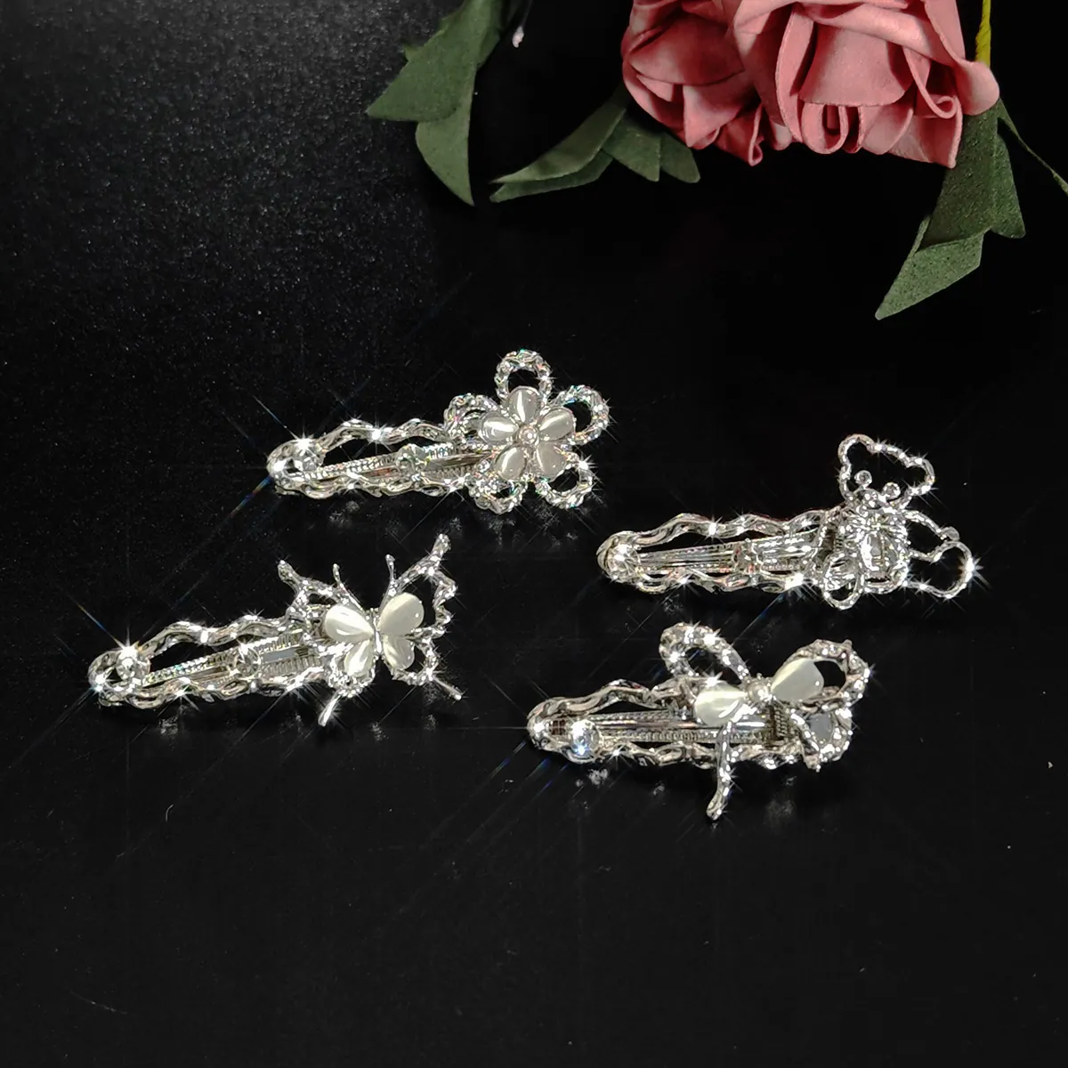 Alloy Butterfly Flower Hair Clip Rhinestone Cat Eye Stone Inlaid Duckbill Side Hairpin Elegant Headwear For Women Girls