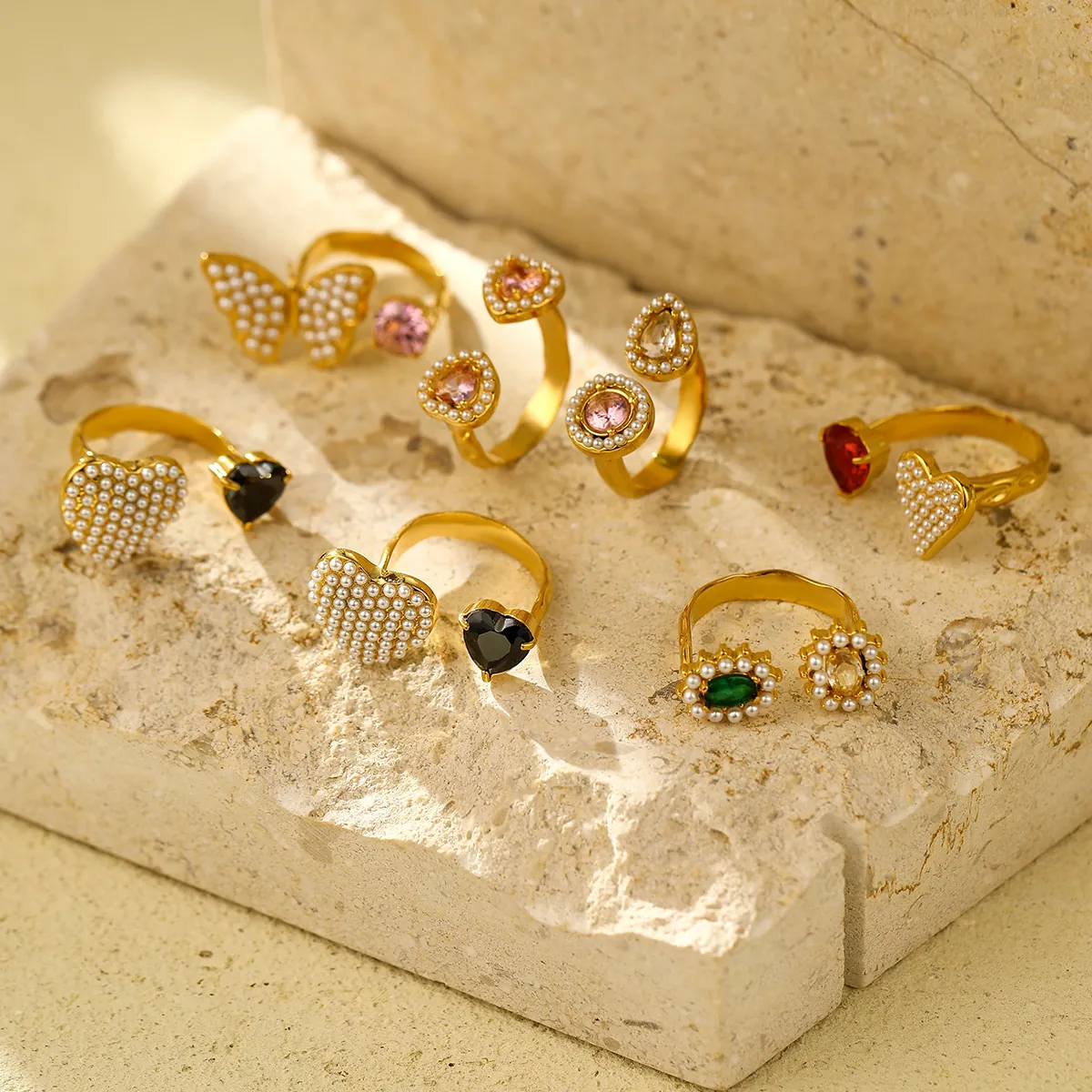 Elegant Stainless Steel Adjustable Open Rings For Women With Zircon And Artificial Pearl Double Layer Heart Butterfly Floral Designs