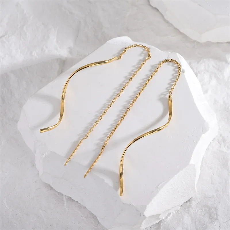 Wave Curve Ear Threader Earrings Titanium Steel Gold Plated Long Chain Elegant Minimalist Jewelry For Women