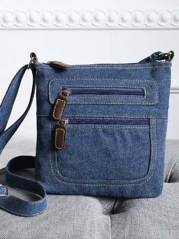 Vintage Denim Crossbody Bag Multi Zipper Pockets Casual Adjustable Shoulder Bag Retro Blue Cotton For Women