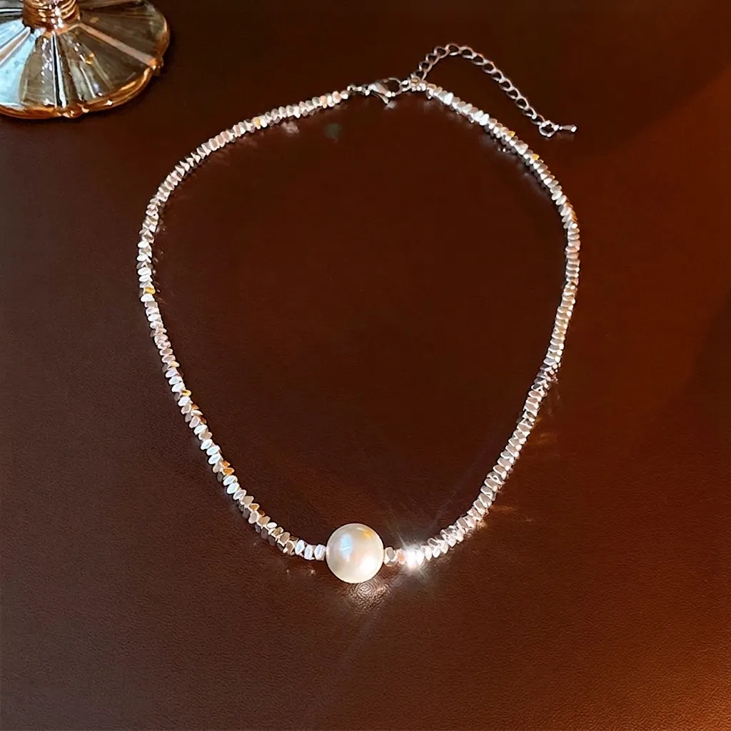Süßwasserperlen Anhänger Halskette Unregelmäßige Silberne Facettierte Kupferperlen Minimalistische Schlüsselbeinkette Für Damen Elegantes Schmuckstück