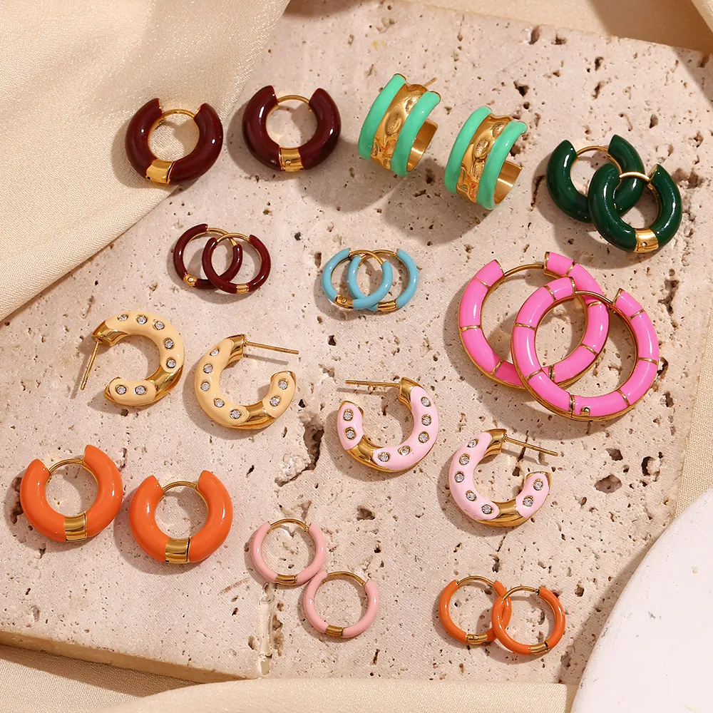 316L Stainless Steel Hoop Earrings 18K Gold Plated Enamel Drip Oil Colorful C Shaped Rhinestone Jewelry For Women