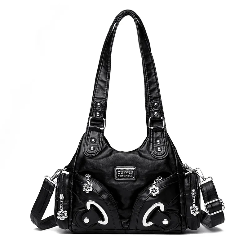 Women Retro Soft PU Leather Crossbody Bag Large Capacity Multi Pocket Shoulder Handbag With Flower Charms Casual Tote
