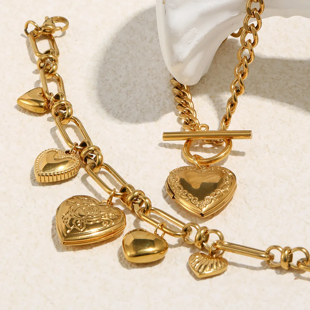 Stainless Steel Heart Locket Pendant Bracelet 18K Gold Plated Cuban Chain OT Buckle Rose Embossed Fashion Jewelry For Women