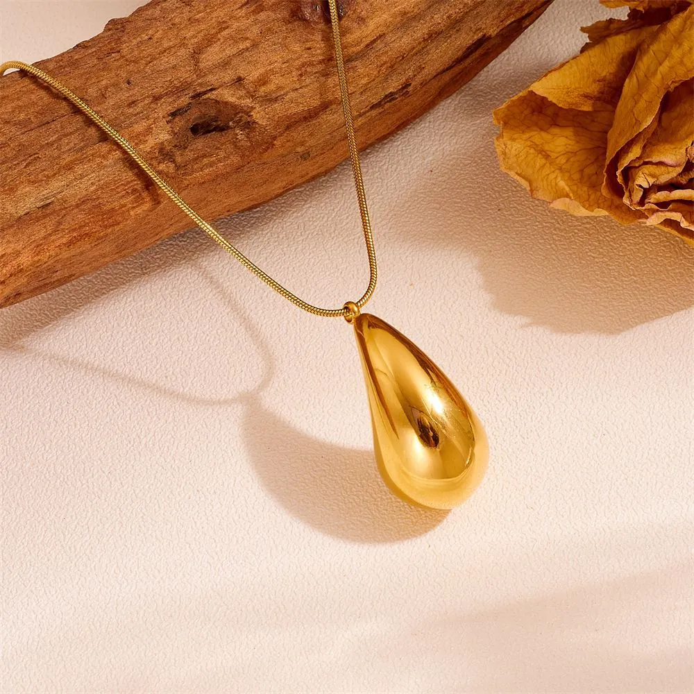 Collar Con Colgante De Gota De Agua Minimalista Acero Inoxidable Pulido Alto Cadena De Serpiente Redonda Para Mujeres Joyas Elegantes