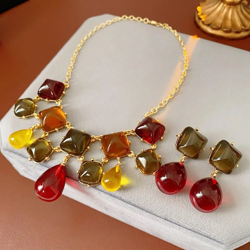 Gioielli Vintage Collana E Orecchini Per Donna Quadrato Goccia Resina Multicolore Lega Con Perno Per Orecchini In Argento