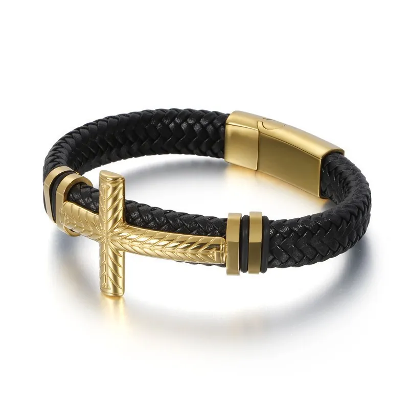 Braided Leather Bracelet With Metal Cross Charm Magnetic Clasp Punk Fashion Wristband Jewelry For Men Vintage Style